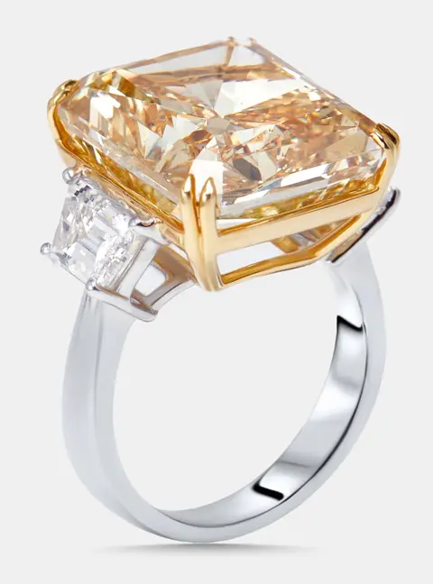 20.86 cts Yellow Radiant, Trapazoid Lab Grown Diamonds 18k Two Tone Gold Ring Size 53
