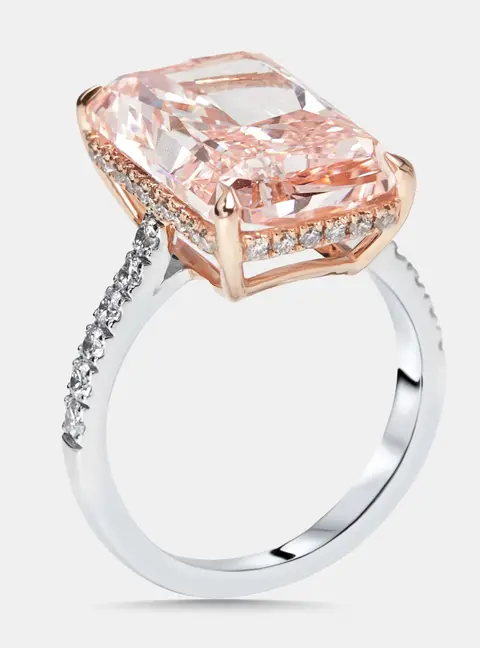 10.5 cts Pink Radiant, Round Lab Grown Diamonds 18k Two Tone Gold Ring Size 53