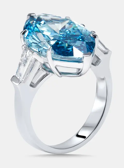 11.03 cts Vivid Blue Marquise, Trapazoid Lab Grown Diamonds 18k White Gold Ring Size 52