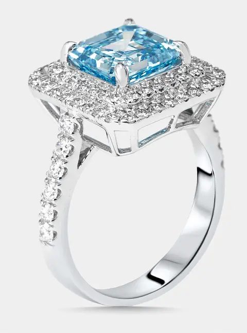 3.9 cts Vivid Blue Asscher, Round Lab Grown Diamonds 18k White Gold Ring Size 54