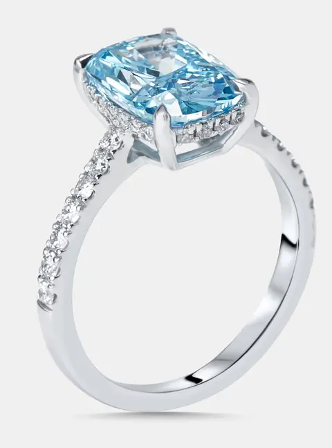 3.4 cts Vivid Blue Radiant, Round Lab Grown Diamonds 18k White Gold Ring Size 54