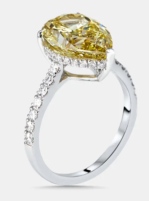 4.5 cts Fancy Yelllow Pear, Round Lab Grown Diamonds 18k White Gold Ring Size 54