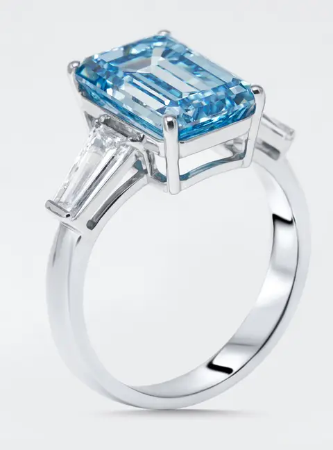 5.8 cts Vivid Blue Emerald Cut, Trapezoid Lab Grown Diamonds 18k White Gold Ring Size 55