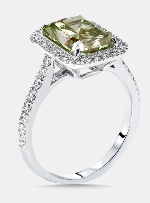 3.5 cts Green Emerald Cut, Round Lab Grown Diamonds 18k White Gold Ring Size 55