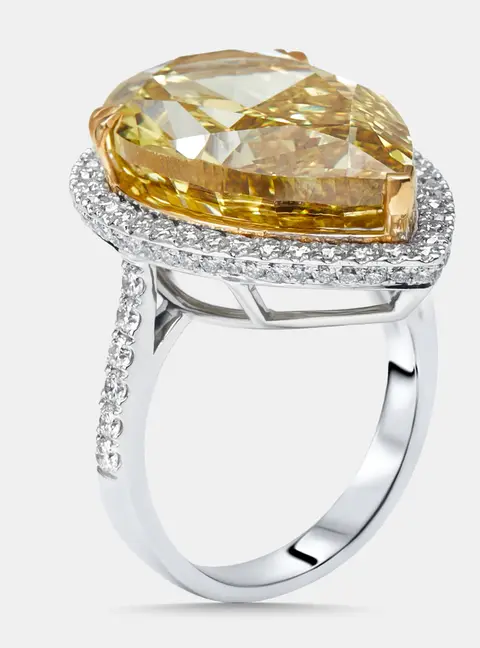 16.5 cts Fancy Yellow Pear, Round Lab Grown Diamonds 18k Two Tone Gold Ring Size 55