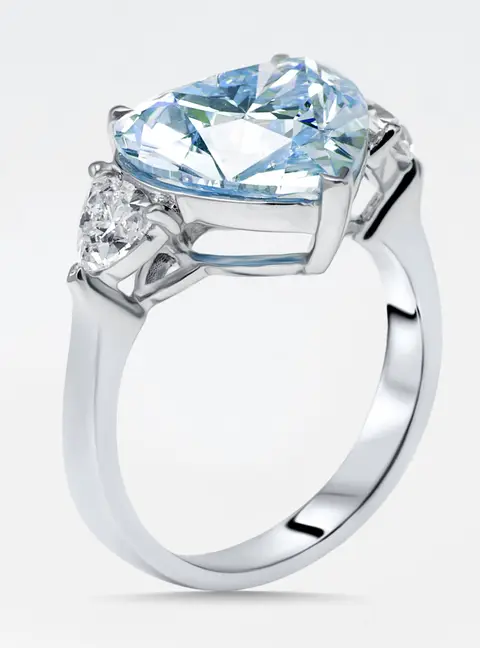 6 cts VIvid Blue Heart, Trillion Lab Grown Diamonds 18k White Gold Ring Size 55