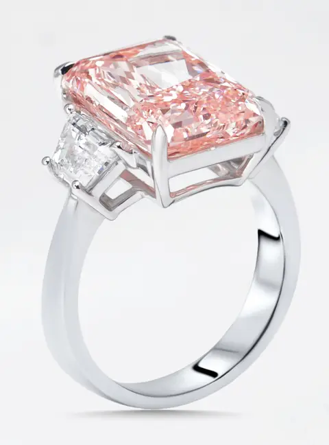 8.1 cts Pink Radiant, Trapazoid Lab Grown Diamonds 18k White Gold Ring Size 55