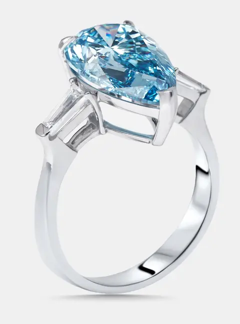 5.1 cts Vivid Blue Pear, Trapazoid Lab Grown Diamonds 18k White Gold Ring Size 55