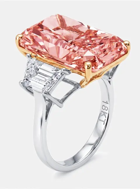 16.3 cts Pink Radiant, Trapazoid Lab Grown Diamonds 18k Two Tone Gold Ring Size 52