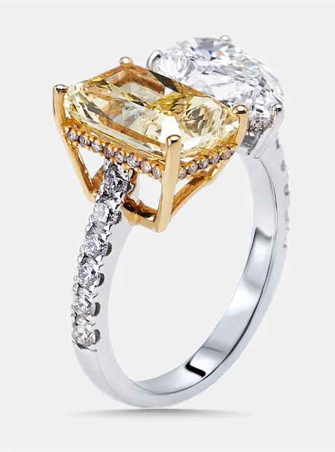 7 cts Yellow Radiant, Pear, Round Lab Grown Diamonds 18k Two Tone Gold Ring Size 52