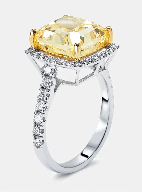 7.2 cts Yellow Cushion, Round Lab Grown Diamonds 18k Two Tone Gold Ring Size 52