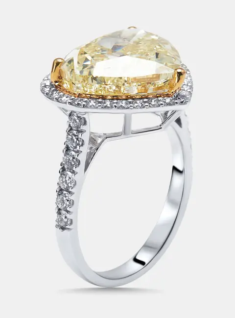 8.5 cts Yellow Heart, Round Lab Grown Diamonds 18k White Gold Ring Size 54