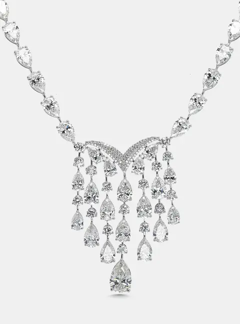 38 cts Pear, Round Lab Grown Diamonds 18k White Gold Necklace