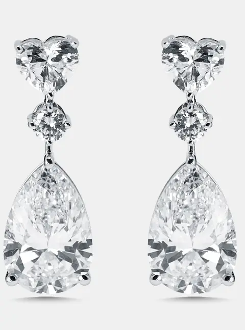 7.4 cts Pear, Heart, Round Lab Grown Diamonds 18k White Gold Earrings