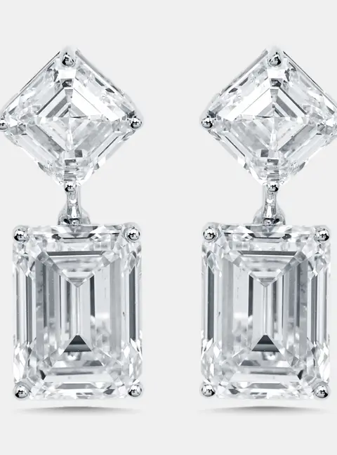 14 cts Emerald cut, Asscher Lab Grown Diamonds 18k White Gold Earrings