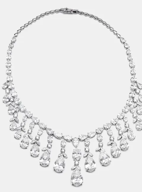 74 cts Pear, Oval, Round, Marquise Lab Grown Diamonds 18k White Gold Necklace