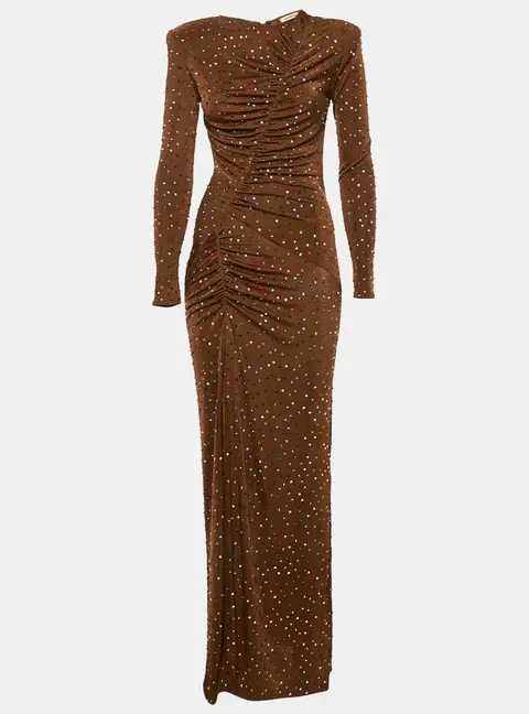 The New Arrivals By Ilkyaz Ozel Brown Jersey Rhinestone Detail Ruche Maxi Dress XS