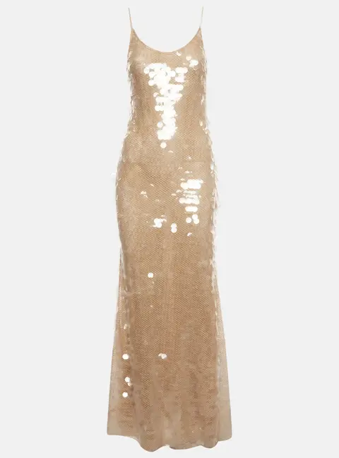 The New Arrivals By Ilkyaz Ozel Beige Sequins Mesh Gwyneth Dress S
