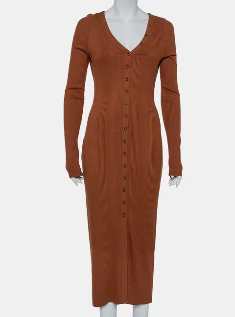 The Range Brown Rib Knit Button Front Midi Dress M