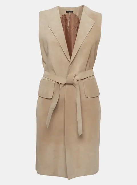 The Row Beige Suede Open Front Mid-Length Coat S