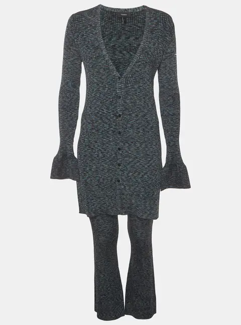 Theory Navy Blue Cable Print Rib Knit Cardigan and Pants Set L/M