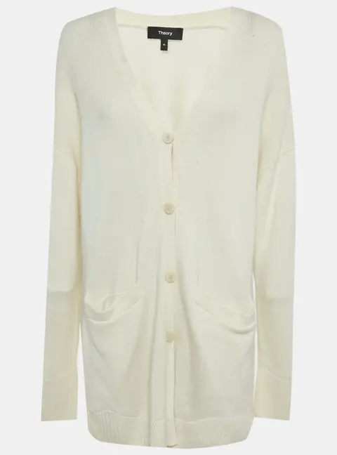 Theory Ivory Wool Knit Leather Patch Cardigan M