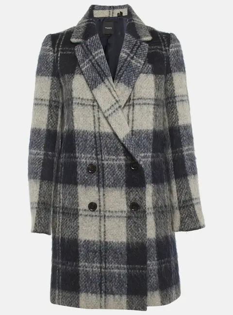 Theory Blue/Grey Plaid Pattern Wool Blend Double Breasted Coat XS