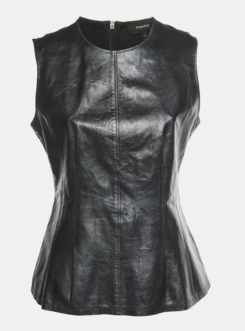Theory Black Lambskin Leather Peplum Top M