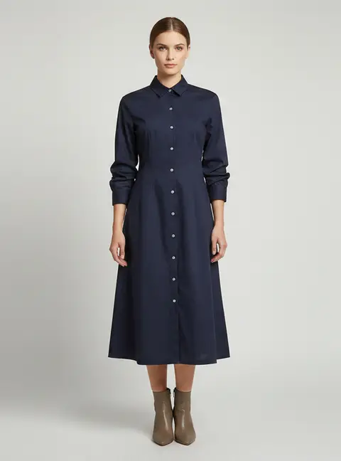 Theory Navy Blue Poplin Ruched Sleeve Midi Shirt Dress S