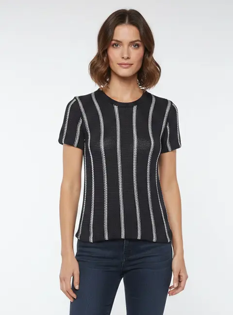 Theory Navy Blue Striped Knit Short Sleeve Top S