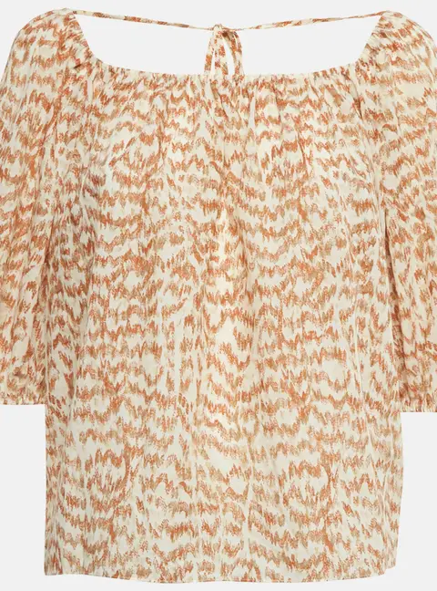 Theory Brown Desert Lawn Print Crepe SS Scoop Tie Top S