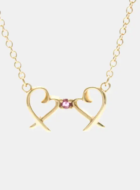 Tiffany & Co. Paloma Picasso Double Loving Heart 18k Rose Gold Pink Sapphire Women's Pendant Necklace