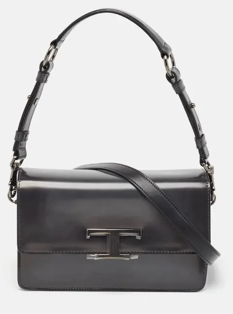 Tod's Dark Grey Leather Mini T Timeless Shoulder Bag
