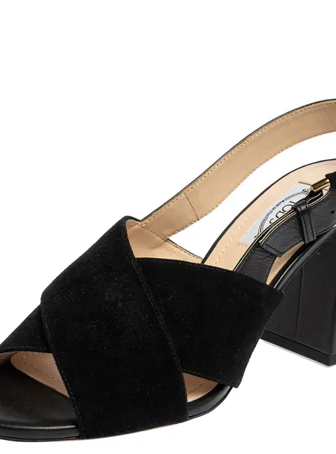 Tod's Black Suede and Leather Crisscross Block Heel Slingback Sandals Size 37.5