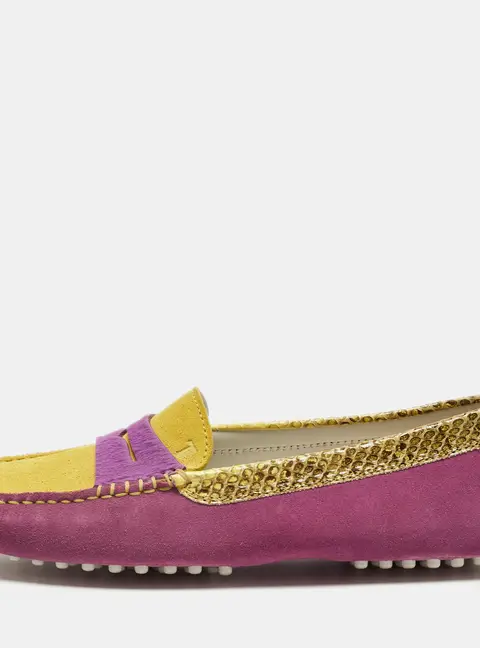 Tod's Size 36.5 Purple/Yellow Suede And Python Leather Loafers