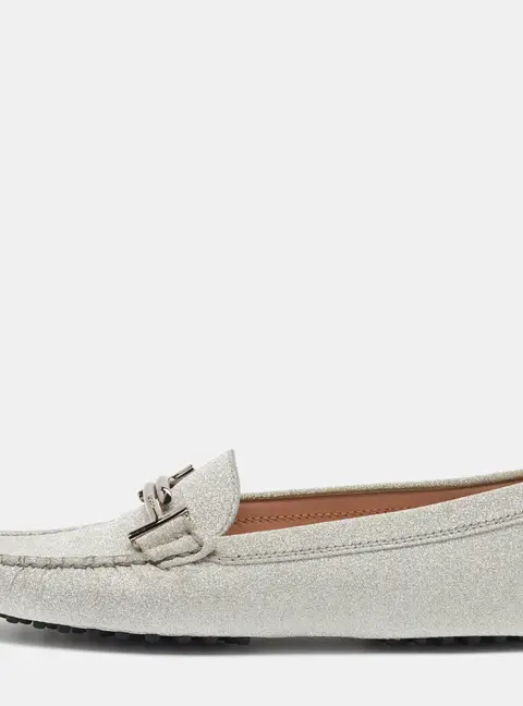 Tod's Double T Size 38.5 Silver Glitter Slip On Loafers