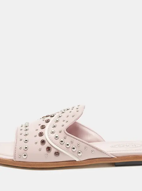 Tod's Embellished Size 37.5 Lilac Leather Flat Slides