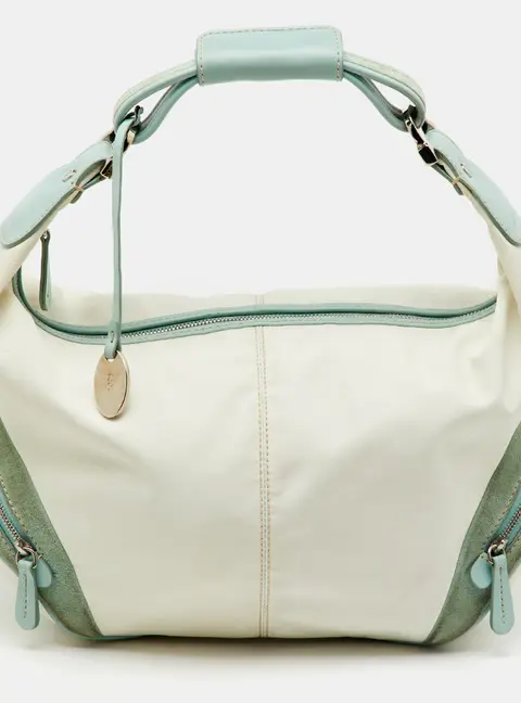 Tod's Off White/Green Nylon,Suede and Leather Charlotte Hobo