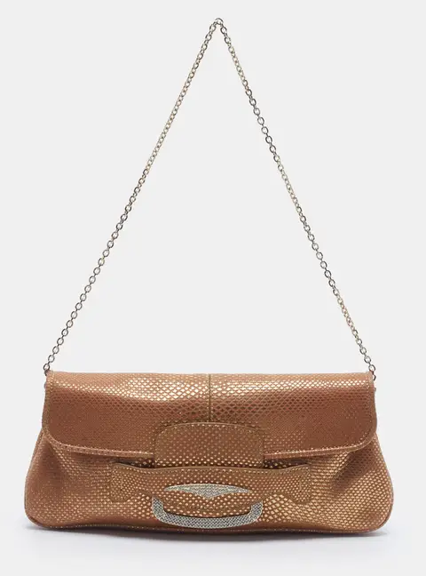 Tod's Crystal Embellished Flap Gold/Beige Karung Leather Chain Clutch