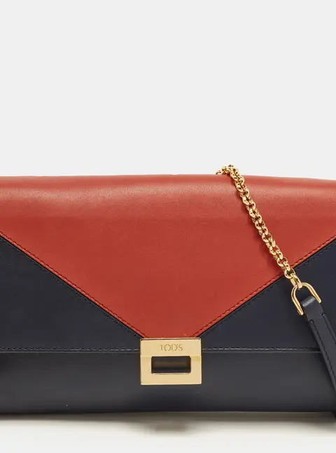 Tod's Navy Blue/Red Leather Envelope Chain Clutch