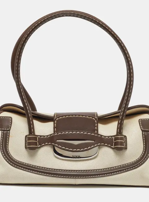 Tod's Flap Brown/Off White Canvas and Leather Satchel