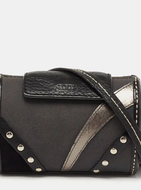 Tod's Black Leather and Canvas Studded Flap Shoulder Bag