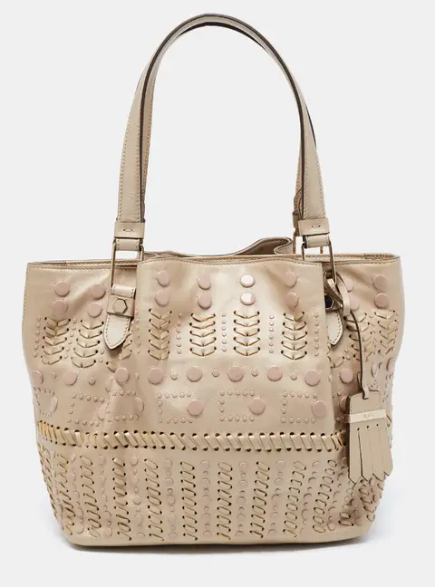 Tod's Metallic Beige Leather Small Studded Flower Tote