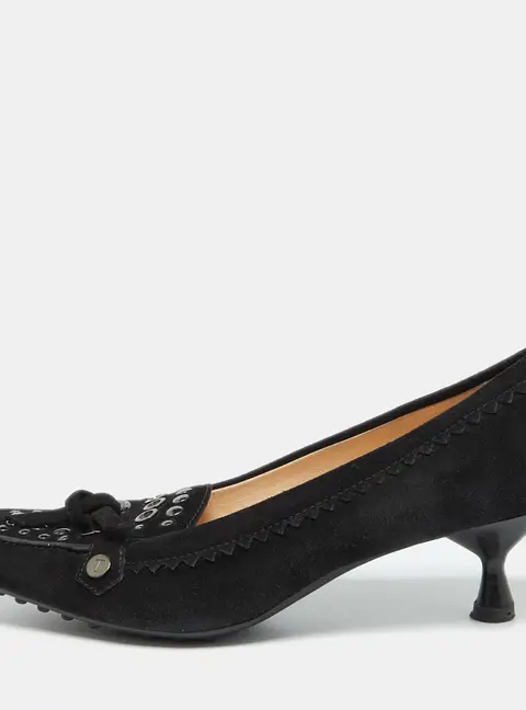 Tod's Black Suede Studded Kitten Heel Loafer Pumps Size 38.5