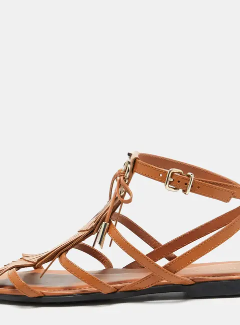Tod's Tan Leather Fringe Logo Bow Flat Sandals Size 38.5