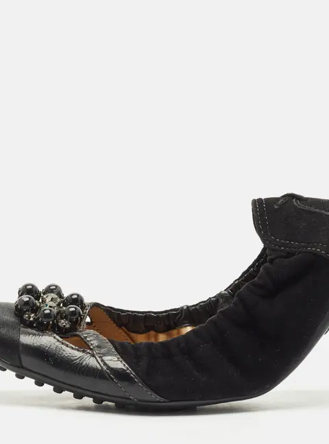 Tod's Black  Suede Scrunch Crystal Embellished Bow Ballet Flats Size 37.5