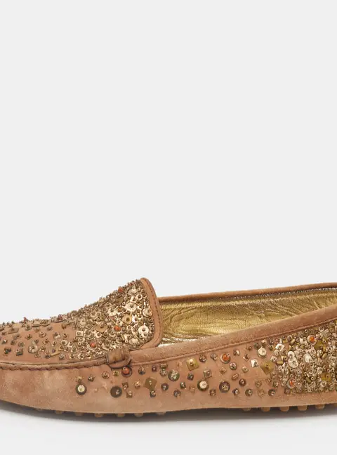 Tod's Brown Suede Crystal Embellished Driver Loafers Size 37.5