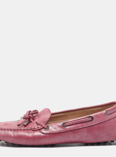 Tod's Metallic Pink Leather Bow Slip On Loafers Size 38
