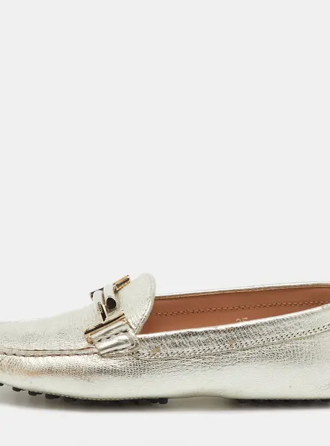 Tod's Silver Leather Double T Slip On Loafers Size 35
