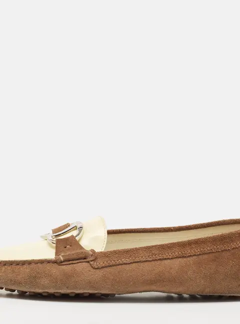 Tod's Brown/Cream Suede and Patent Leather Slip On Loafers Size 40